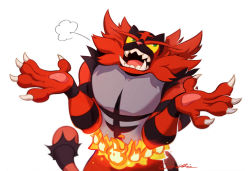 Rule 34 | puff of air, claws, colored sclera, commentary, creatures (company), fire, furry, game freak, gen 7 pokemon, green eyes, incineroar, looking up, nintendo, open mouth, pokemon, pokemon (creature), signature, solo, teeth, third cookie, tongue, white background, yellow sclera