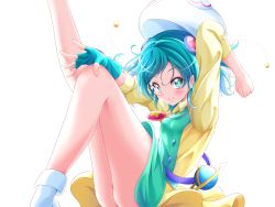 Rule 34 | 1girl, absurdres, bare legs, blue eyes, blue gloves, blue hair, closed mouth, fingerless gloves, gloves, hagoromo lala, highres, looking at viewer, precure, s-operator, shirt, short hair, simple background, single glove, skirt, smile, socks, solo, star-shaped pupils, star (symbol), star twinkle precure, symbol-shaped pupils, white background, white headwear, white socks, yellow skirt