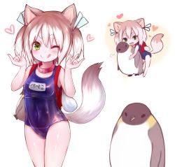 Rule 34 | 1girl, animal ears, backpack, bag, bird, choker, commentary request, green eyes, hair ribbon, heart, highres, hug, looking at viewer, one-piece swimsuit, one eye closed, original, penguin, pink hair, randoseru, ribbon, school swimsuit, sukemyon, swimsuit, tail, tehepero, tongue, tongue out