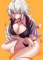 Rule 34 | 1girl, absurdres, ahoge, bikini, black bikini, black jacket, blush, breasts, choker, cleavage, collarbone, commentary request, cropped jacket, crossed arms, fate/grand order, fate (series), from above, hair between eyes, highres, hotate-chan, jacket, jeanne d&#039;arc alter (swimsuit berserker) (fate), jeanne d&#039;arc (fate), jeanne d&#039;arc alter (fate), jeanne d&#039;arc alter (swimsuit berserker) (fate), kneeling, large breasts, long hair, looking at viewer, messy hair, o-ring, orange background, shrug (clothing), simple background, solo, swimsuit, yellow eyes
