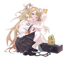Rule 34 | 1girl, aqua eyes, bag, black footwear, black skirt, black socks, blonde hair, bow, breasts, brown hair, commentary request, crepe, food, gradient hair, groove coaster, hair bow, hair ornament, hand up, highres, holding, holding food, long hair, looking at viewer, looking to the side, multicolored hair, neckerchief, open mouth, orange neckerchief, pleated skirt, reset, sailor collar, school bag, school uniform, shoes, short sleeves, simple background, skirt, small breasts, smile, socks, solo, squatting, stuffed toy, white background, white bow, white sailor collar, yume (groove coaster)