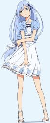 Rule 34 | 1girl, blue background, blue hair, blue jacket, commentary request, contrapposto, copyright request, dress, full body, green eyes, head tilt, highres, jacket, long hair, low-tied long hair, open clothes, open jacket, parted lips, pleated dress, puffy short sleeves, puffy sleeves, sandals, short sleeves, simple background, solo, standing, sundress, tomohiro kai, white footwear