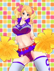 Rule 34 | 1girl, :p, bad id, bad pixiv id, belt, blonde hair, blue eyes, breasts, cheerleader, clothes writing, crop top, grasshopper manufacture, highres, juliet starling, large breasts, lollipop chainsaw, long hair, microskirt, midriff, panties, pantyshot, pink panties, pom pom (cheerleading), scrunchie, skirt, solo, thighhighs, tongue, tongue out, twintails, underwear, upskirt, white thighhighs