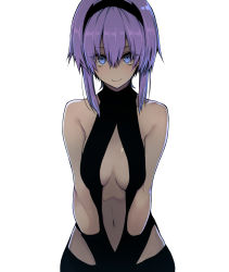 Rule 34 | 10mo, 1girl, bare shoulders, black gloves, blue eyes, breasts, breasts apart, dark-skinned female, dark skin, fate/prototype, fate/prototype: fragments of blue and silver, fate (series), gloves, hair between eyes, hairband, hassan of serenity (fate), highres, looking at viewer, navel, purple hair, revealing clothes, short hair with long locks, simple background, smile, solo, white background