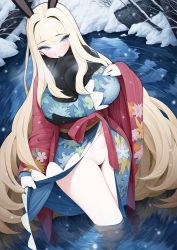 Rule 34 | 1girl, animal ears, blonde hair, blue eyes, blush, breasts, clothes lift, clothes pull, dress, dress lift, dress pull, hand on own chest, in water, japanese clothes, kimono, large breasts, legs together, long hair, long sleeves, mole, mole under eye, original, outdoors, pale skin, panties, panty peek, rabbit (wlsdnjs950), rabbit ears, scarf, snow, snowing, solo, thighs, underwear, wading, water, white panties, wide sleeves