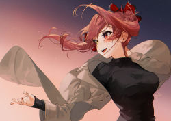 Rule 34 | 1girl, black shirt, blush, breasts, brown jacket, commentary request, floating hair, gotou (nekocat), hair ribbon, heterochromia, highres, hololive, houshou marine, jacket, large breasts, long hair, long sleeves, looking away, looking to the side, open clothes, open jacket, open mouth, red eyes, red hair, red ribbon, ribbon, shirt, smile, solo, teeth, twintails, upper body, upper teeth only, virtual youtuber, yellow eyes