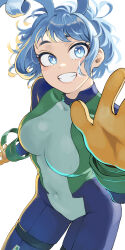 Rule 34 | 1girl, absurdres, blue bodysuit, bodysuit, boku no hero academia, covered navel, drill hair, fengling (furin-jp), gloves, green bodysuit, grin, hadou nejire, highres, looking at viewer, multicolored bodysuit, multicolored clothes, official alternate hair length, official alternate hairstyle, short hair, smile, solo, superhero costume, teeth, twin drills, white background, yellow gloves