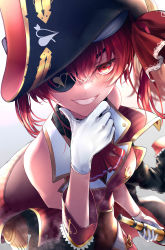 Rule 34 | 1girl, absurdres, bare shoulders, bicorne, black coat, black hat, blush, breasts, coat, commentary request, cropped jacket, embroidery, eyepatch, gloves, gold trim, grin, hair ribbon, hand on own cheek, hand on own face, hat, highres, hololive, houshou marine, jacket, large breasts, leotard, leotard under clothes, looking at viewer, off shoulder, red eyes, red hair, red jacket, red ribbon, ribbon, see-through, see-through leotard, simple background, skirt, sleeveless, sleeveless jacket, smile, solo, spyglass, touya kotonari, twintails, virtual youtuber