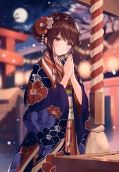 Rule 34 | 1girl, absurdres, blurry, blurry background, blush, box, brown eyes, brown hair, closed mouth, donation box, earrings, fingernails, full moon, hair bun, hair ornament, highres, jacket, japanese clothes, jewelry, kimono, looking at viewer, looking back, moon, necomi, night, night sky, obi, original, outdoors, own hands together, sash, scan, shrine, sidelocks, single hair bun, sky, smile, snowing, solo