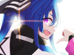 Rule 34 | 1girl, :d, @ @, amagasa nadame, backlighting, blue hair, commentary request, hair between eyes, hand up, highres, jacket, long sleeves, looking at viewer, looking back, open mouth, portrait, puffy long sleeves, puffy sleeves, purple eyes, sharp teeth, simple background, smile, solo, teeth, twin turbo (umamusume), umamusume, white background, white jacket