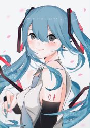 Rule 34 | 1girl, alternate eye color, bare shoulders, blue hair, blue necktie, blush, cherry blossoms, closed mouth, collared shirt, commentary request, cropped torso, detached sleeves, dress shirt, ear piercing, eyes visible through hair, grey background, grey eyes, grey shirt, hair between eyes, hatsune miku, long hair, looking at viewer, mole, nail polish, necktie, piercing, profile, shirt, shoulder tattoo, simple background, sleeveless, sleeveless shirt, smile, solo, tattoo, tie clip, turn3341, twintails, upper body, vocaloid