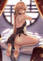Rule 34 | 1girl, absurdres, ass, barefoot, blonde hair, feet, girls&#039; frontline, hair tie in mouth, highres, long hair, looking at viewer, mouth hold, nikishiko, ots-14 (girls&#039; frontline), soles, steam, sweat, toes, yellow eyes