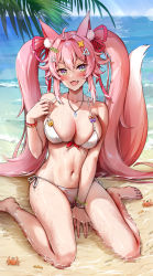 Rule 34 | 1girl, animal ears, beach, bikini, bracelet, breasts, foxyreine, hair ornament, hairclip, highres, indie virtual youtuber, jewelry, kwando, large breasts, long hair, nail polish, navel, necklace, pink hair, side-tie bikini bottom, solo, swimsuit, tail, thighs, twintails, virtual youtuber, wet