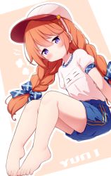Rule 34 | 1girl, barefoot, baseball cap, blue bow, blue shorts, blush, bow, braid, brown background, brown hair, character name, closed mouth, commentary request, gym shirt, gym shorts, gym uniform, hair between eyes, hair bow, hat, highres, long hair, name tag, outline, plaid, plaid bow, princess connect!, puffy short sleeves, puffy sleeves, purple eyes, setmen, shirt, short shorts, short sleeves, shorts, sitting, smile, solo, split mouth, twin braids, two-tone background, very long hair, white background, white hat, white outline, white shirt, yuni (princess connect!), yuni (school festival) (princess connect!)