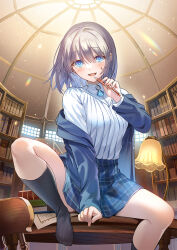 Rule 34 | 1girl, black socks, blue eyes, blue jacket, blue sky, book, bookshelf, breasts, chair, character request, copyright request, desk, feet, foot out of frame, grey hair, hair between eyes, hand up, high-waist skirt, highres, holding, holding pen, indoors, jacket, knee up, lamp, legs, library, medium breasts, medium hair, miniskirt, no shoes, off shoulder, on desk, open clothes, open jacket, pen, plaid, plaid skirt, ribbed socks, sitting, on desk, skirt, sky, socks, solo, tan (tangent), toes