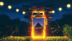 Rule 34 | 3d, forest, grass, highres, jungle, lantern, mb0sco, mixed-language commentary, nature, night, night sky, no humans, original, pyramid (structure), scenery, sky, speaker, star (sky), torii, tree, wire