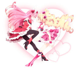 Rule 34 | 00s, 2girls, blonde hair, boots, bow, choker, couple, cure passion, cure peach, earrings, closed eyes, fresh precure!, frilled skirt, frills, hair ornament, holding hands, heart, heart hair ornament, higashi setsuna, high heels, highres, imminent kiss, jewelry, knee boots, long hair, magical girl, momozono love, multiple girls, pantyhose, pink bow, pink footwear, pink hair, precure, shoes, skirt, twintails, uzuki aki, yuri