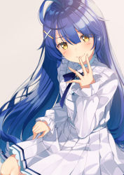 Rule 34 | 1girl, absurdres, ahoge, amamiya kokoro, bell, blouse, blue hair, blue ribbon, blurry, commentary request, depth of field, fang, frilled shirt collar, frilled skirt, frills, hair between eyes, hair ornament, hand to own mouth, highres, jingle bell, long hair, long sleeves, looking at viewer, neck bell, neck ribbon, nijisanji, ribbon, shirt, simple background, skin fang, skirt, solo, very long hair, virtual youtuber, white shirt, white skirt, x hair ornament, yellow eyes, yuuri nayuta