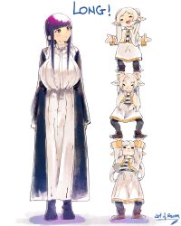 Rule 34 | absurdres, capelet, chibi, dress, fern (sousou no frieren), frieren, full body, highres, long hair, looking at another, multiple views, pointy ears, purple hair, raven mido, signature, simple background, sousou no frieren, standing, standing on person, white background, white capelet, white dress, white hair