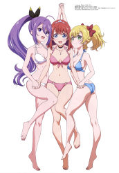 Rule 34 | 3girls, absurdres, ashley (lapis re:lights), ass, bikini, blue bikini, breasts, cleavage, copyright name, feet, girl sandwich, halterneck, highres, lapis re:lights, lavie (lapis re:lights), long hair, megami magazine, multiple girls, official art, red bikini, sandwiched, scan, simple background, swimsuit, teeth, tiara (lapis re:lights), upper teeth only, very long hair, wang guo nian, white background, white bikini