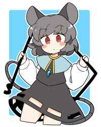 Rule 34 | 1girl, animal ears, black skirt, black vest, blue capelet, blush stickers, capelet, closed mouth, cowboy shot, cropped legs, dowsing rod, grey hair, holding, ini (inunabe00), jewelry, long sleeves, mouse ears, mouse tail, nazrin, pendant, red eyes, shirt, short hair, skirt, solo, tail, touhou, vest, white shirt