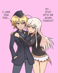 Rule 34 | 2girls, animal ears, blonde hair, blue eyes, hanna-justina marseille, hard-translated, multiple girls, pantyhose, strike witches, third-party edit, translated, waltrud krupinski, world witches series, yuri