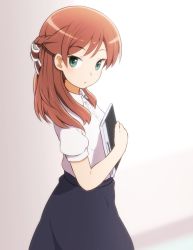 Rule 34 | 1girl, black skirt, braid, brown hair, character request, closed mouth, collared shirt, comic girls, commentary request, dress shirt, green eyes, holding, looking at viewer, looking to the side, puffy short sleeves, puffy sleeves, shirosato, shirt, short sleeves, skirt, solo, white shirt