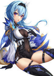 Rule 34 | 1girl, absurdres, arm support, black gloves, black hairband, black jumpsuit, black thighhighs, blue hair, blue necktie, boots, breasts, breasts apart, covered navel, eula (genshin impact), floating hair, genshin impact, gloves, hair between eyes, hairband, highres, jumpsuit, long hair, long sleeves, looking at viewer, necktie, open mouth, qldpopi, red eyes, simple background, sitting, solo, thigh boots, thighhighs, white background