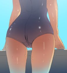 Rule 34 | 1girl, absurdres, ass, bare arms, barikios, highres, lower body, one-piece swimsuit, original, palms, school swimsuit, solo, standing, swimsuit, waist down, water, water drop, wet