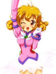 Rule 34 | 1990s (style), 1girl, ;d, ahoge, arm up, brooch, brown eyes, brown hair, corrector yui, cowboy shot, curly hair, gloves, highres, jewelry, kasuga yui, magical girl, obara gaun, one eye closed, open mouth, pink shirt, shirt, short hair, skirt, smile, solo, white background, white gloves, white skirt