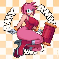 Rule 34 | 1girl, absurdres, amy rose, bare shoulders, blush, boots, bracelet, breasts, bunybunyboi, character name, curvy, fang, furry, furry female, gloves, green eyes, hairband, hammer, hedgehog, hedgehog ears, hedgehog tail, highres, huge weapon, jewelry, large breasts, leotard, sleeveless, smile, solo, sonic (series), thick thighs, thighs, weapon, white gloves