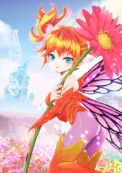 Rule 34 | 1girl, :&gt;, absurdres, ass, bare shoulders, blue eyes, blue sky, butterfly wings, castle, chii (pixiv20756878), closed mouth, day, detached sleeves, fairy, feo ul, field, final fantasy, final fantasy xiv, fingernails, flower, flower field, flying, highres, holding, holding flower, insect wings, leotard, long fingernails, long sleeves, looking at viewer, mini person, minigirl, nail polish, orange hair, orange thighhighs, outdoors, pantyhose, pink flower, pointy ears, purple nails, purple thighhighs, purple wings, red leotard, sharp fingernails, short hair, short twintails, sky, smile, solo, strapless, strapless leotard, thighhighs, twintails, wings, yellow flower