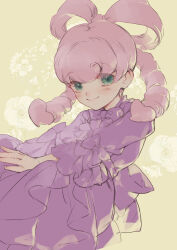Rule 34 | 1girl, absurdres, ace attorney, alternate costume, blush, bow, closed mouth, dress, dress bow, drill hair, green eyes, hair rings, highres, iris wilson, long hair, long sleeves, looking at viewer, noi350, pink hair, purple dress, simple background, sleeve bow, smile, solo, the great ace attorney, twintails
