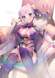 Rule 34 | 1girl, asymmetrical hair, bare shoulders, blue eyes, blue one-piece swimsuit, blue ribbon, blue thighhighs, blush, breasts, bun cover, cape, criss-cross halter, detached sleeves, fate/grand order, fate (series), fur-trimmed cape, fur trim, hair bun, hair ribbon, halterneck, large breasts, long hair, looking at viewer, miyamoto musashi (fate), miyamoto musashi (fate/grand order), miyamoto musashi (swimsuit berserker) (fate), miyamoto musashi (swimsuit berserker) (third ascension) (fate), navel, one-piece swimsuit, pink hair, purple one-piece swimsuit, ribbon, side bun, single hair bun, single side bun, sitting, smile, solo, swept bangs, swimsuit, thighhighs, thighs, two-tone swimsuit, white cape, white one-piece swimsuit, yoshimoto (dear life)