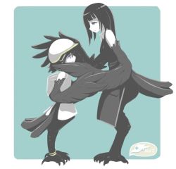 Rule 34 | animal feet, backpack, bag, bird legs, black eyes, black feathers, black hair, blunt bangs, eye contact, feathers, green background, hand on another&#039;s head, harpy, helmet, idon, long hair, looking at another, monster girl, original, pale skin, profile, short hair, simple background, standing, white background, white headwear, winged arms, wings