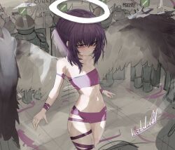 1girl @_@ artist_name bags_under_eyes bandeau black_hair closed_mouth crying_emoji emoji fake_horns fallenshadow helmet highres horned_helmet horns indie_virtual_youtuber katoki021 leg_ribbon midriff naked_ribbon navel purple_eyes purple_ribbon ribbon thigh_ribbon virtual_youtuber wings wrist_ribbon