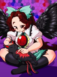 Rule 34 | 1girl, :3, bird wings, black cat, black socks, black wings, blush, bow, breasts, brown eyes, brown hair, cat, closed mouth, collared shirt, commentary request, frilled shirt collar, frilled skirt, frills, full body, green bow, green skirt, hair bow, imijikumo36, indian style, kaenbyou rin, kaenbyou rin (cat), kneehighs, large breasts, long hair, multiple tails, nekomata, petting, ponytail, puffy short sleeves, puffy sleeves, reiuji utsuho, shirt, short sleeves, sitting, skirt, smile, socks, tail, third eye, touhou, two tails, white shirt, wings