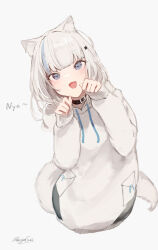 Rule 34 | 1girl, :d, animal ear fluff, animal ears, black collar, blue eyes, blue hair, cat day, cat ears, cat girl, cat tail, collar, commentary request, drawstring, fang, grey background, grey hair, hands up, highres, hood, hood down, hoodie, leaning to the side, long sleeves, looking at viewer, mayogii, multicolored hair, nyan, open mouth, original, paw pose, puffy long sleeves, puffy sleeves, romaji text, signature, simple background, sleeves past wrists, smile, solo, streaked hair, tail, white hoodie
