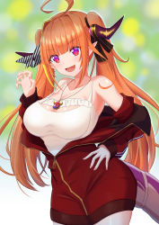 Rule 34 | :d, absurdres, ahoge, bare shoulders, bow, breasts, camisole, claw pose, cleavage, dragon girl, dragon tail, fang, frilled camisole, frills, hair intakes, hair ribbon, hand on own hip, highres, hololive, horn bow, horn ornament, horns, jacket, jewelry, kiryu coco, kiryu coco (loungewear), large breasts, long hair, necklace, nushiya (ayihsem), off shoulder, open mouth, orange hair, purple eyes, red eyes, red jacket, ribbon, skin fang, smile, solo, spaghetti strap, tail, track jacket, twintails, v-shaped eyebrows, virtual youtuber, white camisole