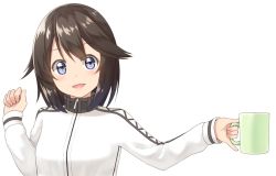 Rule 34 | 10s, 1girl, black hair, blue eyes, cup, gurande (g-size), hair between eyes, hayasui (kancolle), holding, holding cup, jacket, kantai collection, long sleeves, looking at viewer, mug, open mouth, short hair, simple background, solo, track jacket, upper body, white background, zipper