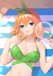 Rule 34 | 1girl, :p, akitsuki (oenothera), bare arms, bare shoulders, beach towel, bikini, blue eyes, blush, breasts, cleavage, closed eyes, collarbone, commentary request, day, floral print, go-toubun no hanayome, green bikini, green hairband, green ribbon, hair between eyes, hair ribbon, hairband, hand fan, highres, holding, holding fan, large breasts, looking at viewer, nakano yotsuba, navel, orange hair, outdoors, paper fan, pointing, pointing at self, print bikini, ribbon, smile, solo, swimsuit, tongue, tongue out, towel, uchiwa, upper body