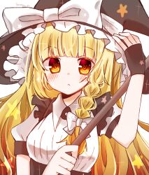 Rule 34 | 1girl, black gloves, black hat, blonde hair, blunt bangs, blush, bow, breasts, closed mouth, dot nose, fingerless gloves, gloves, hat, hat bow, hat ribbon, heart, heart-shaped pupils, highres, holding, kirisame marisa, long hair, looking at viewer, medium breasts, puffy short sleeves, puffy sleeves, red eyes, ribbon, shimashiro itsuki, shirt, short sleeves, simple background, solo, symbol-shaped pupils, touhou, upper body, very long hair, white background, white bow, white ribbon, white shirt, witch hat