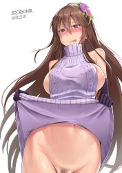 Rule 34 | 10s, 1girl, 2017, :p, bare shoulders, black gloves, blush, breasts, brown hair, dated, elbow gloves, female pubic hair, flower, gloves, granblue fantasy, groin, hair flower, hair ornament, heart, heart-shaped pupils, highres, huge breasts, long hair, looking at viewer, meme attire, navel, nipple slip, nipples, no bra, no panties, pubic hair, rosetta (granblue fantasy), saliva, sideboob, simple background, smile, solo, surock, symbol-shaped pupils, tongue, tongue out, twitter username, virgin killer sweater, white background
