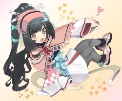 Rule 34 | 1girl, absurdly long hair, absurdres, ainu clothes, animal ears, aquaplus, arm up, black hair, blush, breasts, cat tail, collarbone, feet, from above, from side, full body, gradient eyes, hair between eyes, hair ornament, high ponytail, highres, kuon (utawarerumono), kuon apprentice, long hair, long sleeves, looking at viewer, medium breasts, micon hnhn, multicolored eyes, off shoulder, open mouth, orange eyes, pantyhose, ponytail, raised eyebrows, sandals, sidelocks, sitting, skirt, sleeveless, solo, swept bangs, tail, thick thighs, thighs, toned, toned female, underwear, utawarerumono, utawarerumono: itsuwari no kamen, utawarerumono: lost flag, variations, very long hair, wavy hair, white tail, wide sleeves, yellow eyes