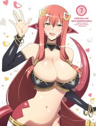 Rule 34 | 1girl, bracelet, breasts, cover, fake cover, fang, fang out, hair between eyes, hair ornament, hair tubes, jewelry, lamia, large breasts, lindaroze, long hair, looking at viewer, miia&#039;s mother, monster girl, monster musume no iru nichijou, official style, open mouth, pointy ears, red hair, ring, scales, solo, very long hair, yellow eyes