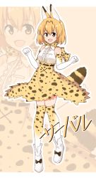 Rule 34 | 10s, 1girl, animal ears, ankle boots, blonde hair, boots, bow, bowtie, character name, chawan (yultutari), commentary, elbow gloves, full body, fur collar, gloves, high-waist skirt, highres, japari symbol, kemono friends, looking at viewer, medium skirt, open mouth, serval (kemono friends), serval print, serval tail, shirt, short hair, skirt, sleeveless, sleeveless shirt, smile, solo, standing, striped tail, tail, thighhighs, translated, white footwear, white shirt, yellow eyes, zoom layer