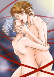 Rule 34 | 2boys, atlus, back, bare back, bare shoulders, brown hair, eye contact, french kiss, hanamura yousuke, hand on another&#039;s face, hand on another&#039;s head, hug, kiss, looking at another, male focus, multiple boys, narukami yuu, naughty face, nude, open mouth, persona, persona 4, saliva, sex, shadow, shadow (persona), short hair, silver hair, tongue, yaoi, yellow eyes