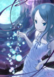 Rule 34 | &gt;:), 1girl, bare arms, bare shoulders, bell, blue ribbon, blush, buntan, castle, closed mouth, cloud, collarbone, dress, fantasy, grey dress, holding hands, long hair, looking away, magic, night, original, outdoors, planet, ribbon, sleeveless, sleeveless dress, smile, solo, sundress, swept bangs, upper body, v-shaped eyebrows