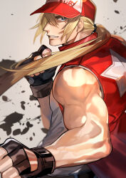 Rule 34 | 1boy, absurdres, bare arms, belt, black gloves, blonde hair, blue eyes, clenched teeth, eyelashes, fatal fury, fingerless gloves, gloves, highres, jacket, male focus, motion blur, muscular, muscular male, natsuko (summer 525528), ponytail, red headwear, red jacket, shirt, sleeveless, sleeveless jacket, sleeveless shirt, solo, teeth, terry bogard, white shirt