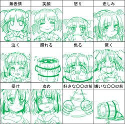 Rule 34 | 1girl, bad id, bad pixiv id, bucket, expressions, female focus, green theme, in bucket, in container, kairakuen umenoka, kisume, monochrome, multiple views, short hair, sketch, touhou, twintails